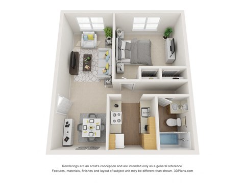 Floor plan for 1 bed, 1 bath, 651 sqft